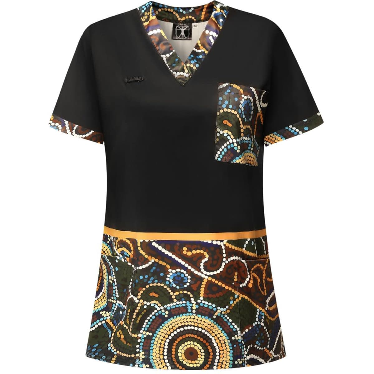 A black Hawaiian shirt featuring a vibrant coloured pattern with intricate designs and a pocket. It includes a branding logo.