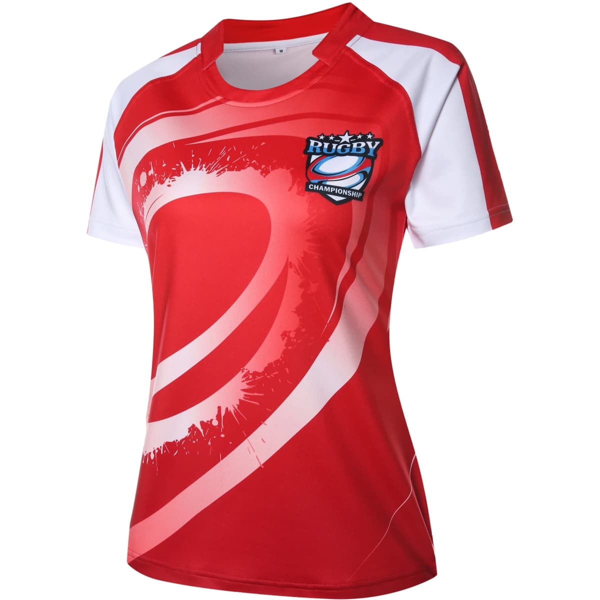 A red rugby uniform top for women with white accents and a logo. Suitable for sports activities.
