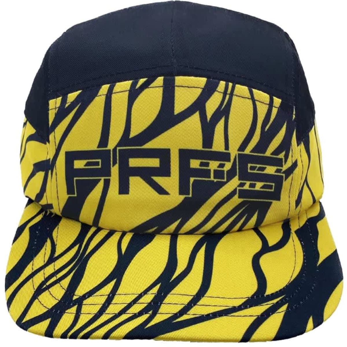A yellow and navy cap with a bold pattern and a logo on the front, designed for sports use.