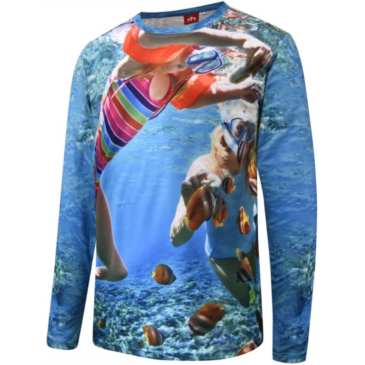 A long-sleeved T-shirt featuring a vibrant underwater scene with a swimmer and colourful fish, predominantly blue and multicoloured.