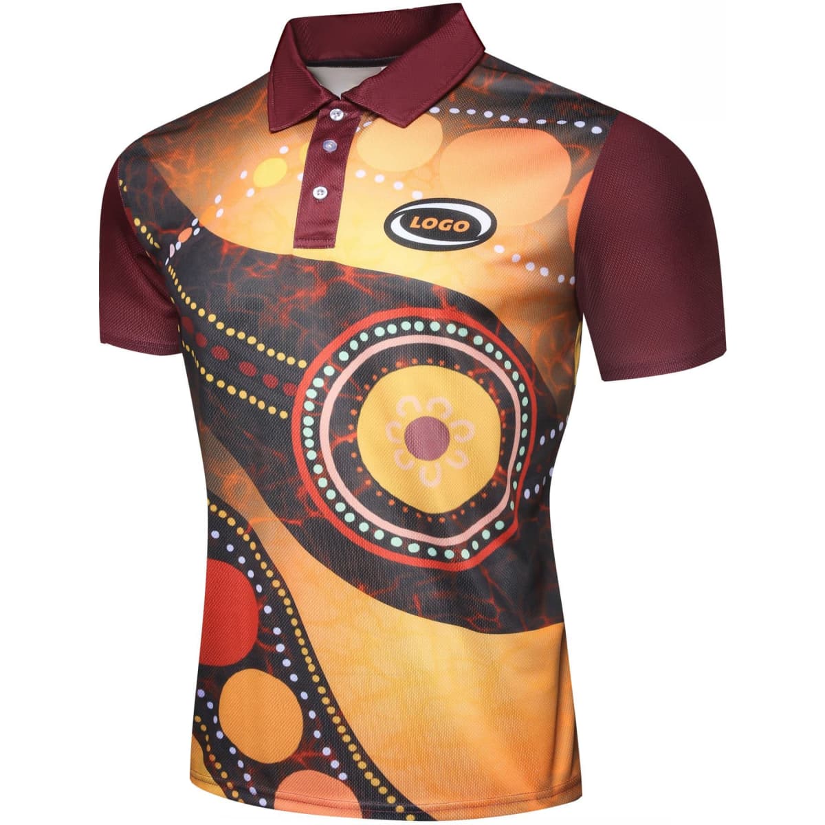 A customised Aboriginal polo featuring vibrant orange, yellow, and red patterns, with a maroon collar and a logo.
