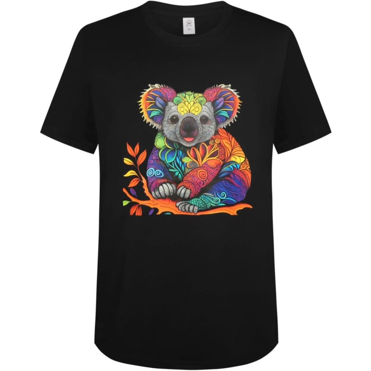 A black t-shirt featuring a colourful, artistic koala design on the front.