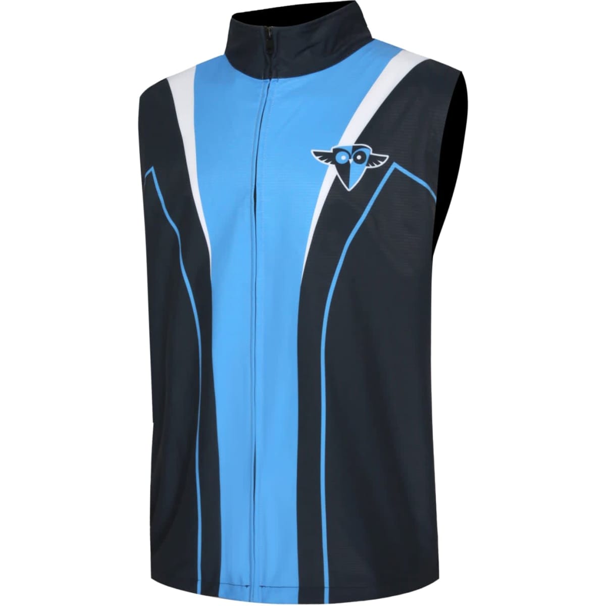 A soft shell waistcoat in black with blue and white accents, featuring a logo on the front.