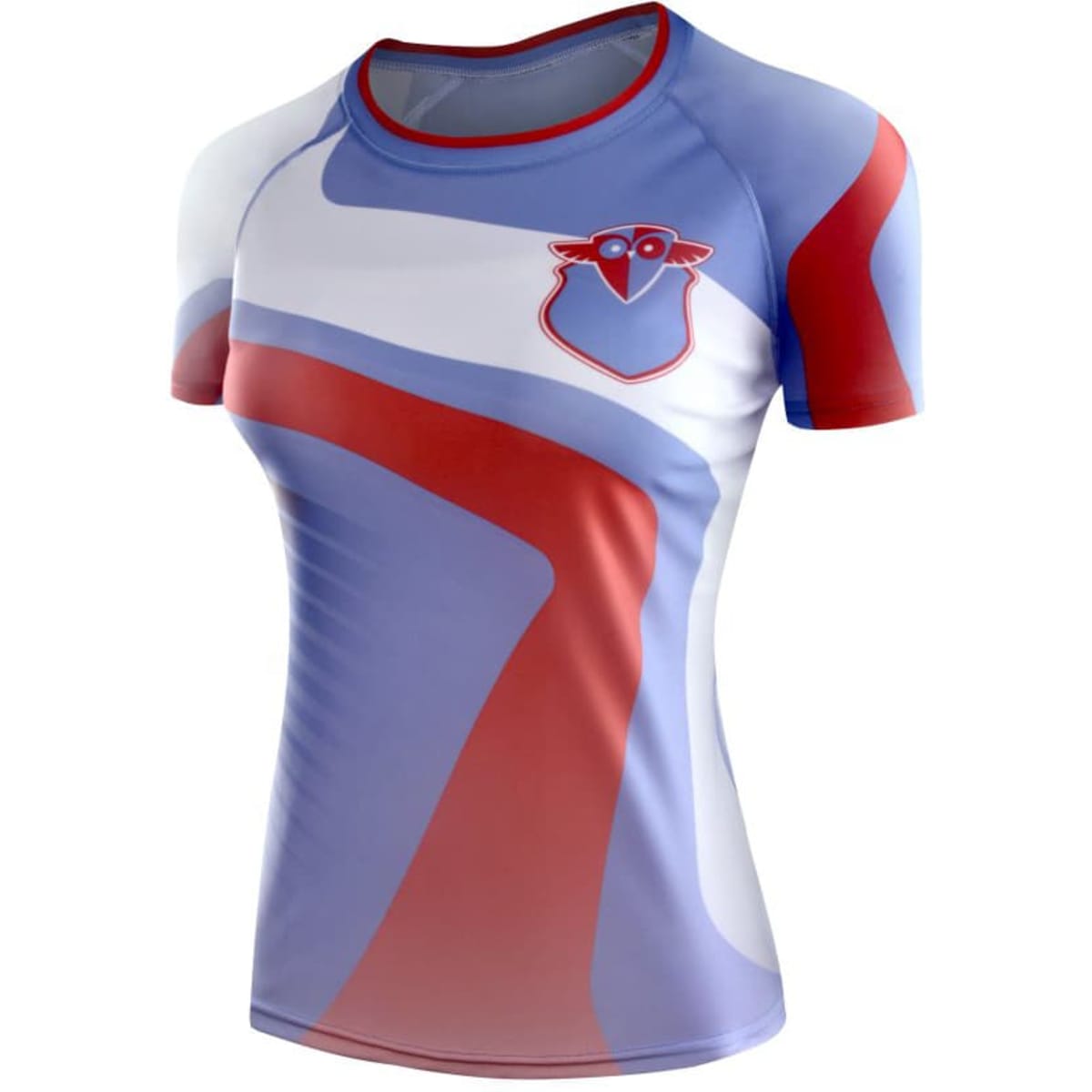 A fitted swim shirt in red, white, and blue with a logo on the front, featuring a sleek, modern design.