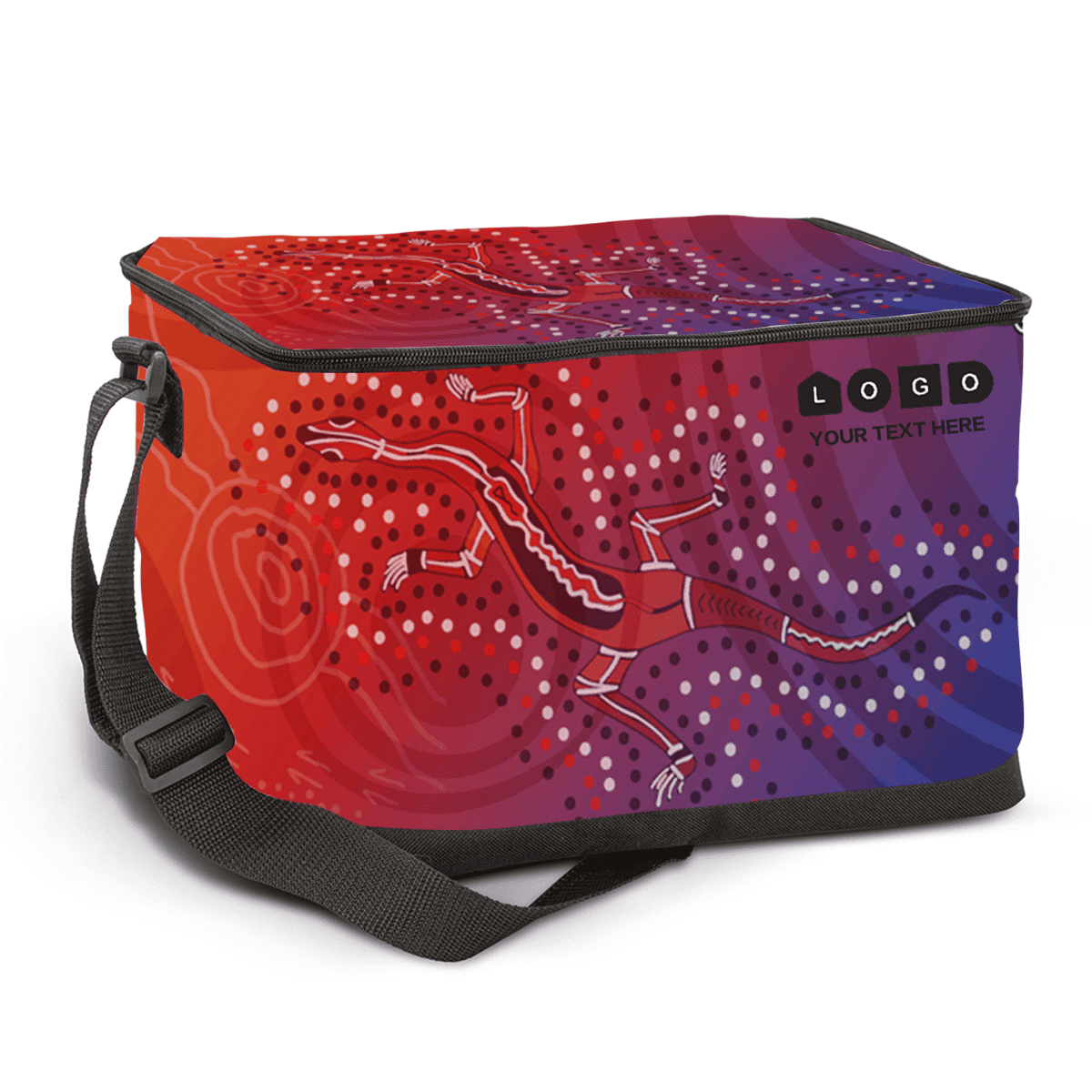 A cooler bag featuring a vibrant red and purple design with an artistic lizard illustration and a shoulder strap.
