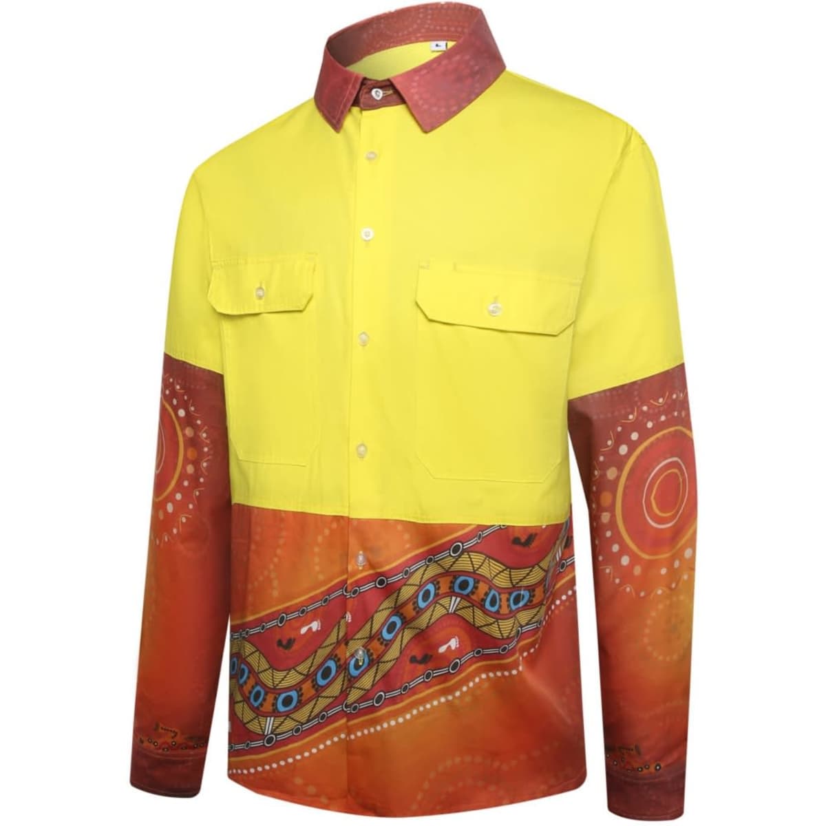 A hi-vis work shirt featuring a bright yellow top with a red patterned lower section and a logo on the sleeve.