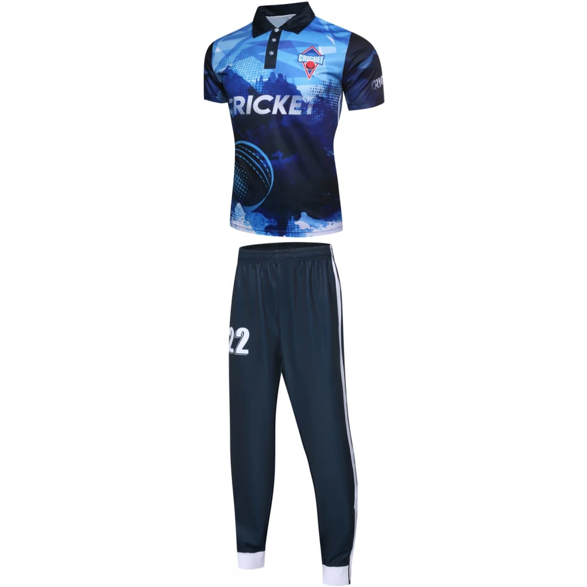 A blue and navy sports uniform comprising a short-sleeved jersey with a collar and matching pants, featuring branding.