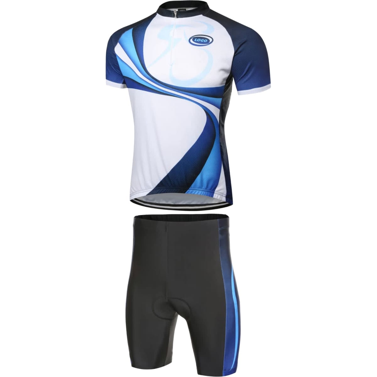 Cycling team wear featuring a short-sleeve jersey with blue and white swirls and matching black shorts. Includes a logo.