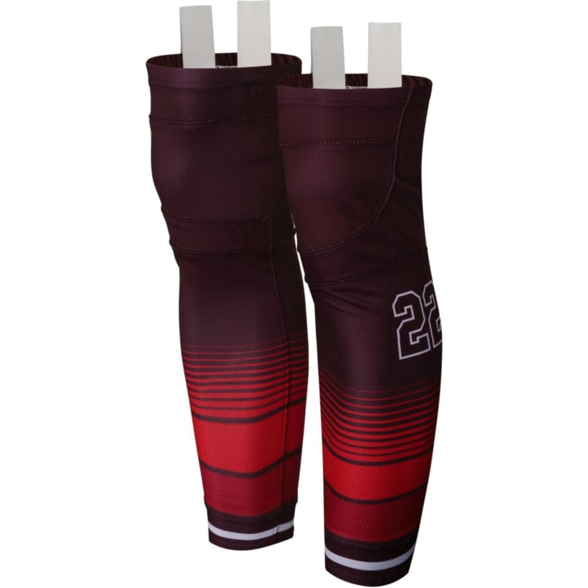Ice hockey socks in maroon and red with a gradient design and a logo. Features two tabs at the top.