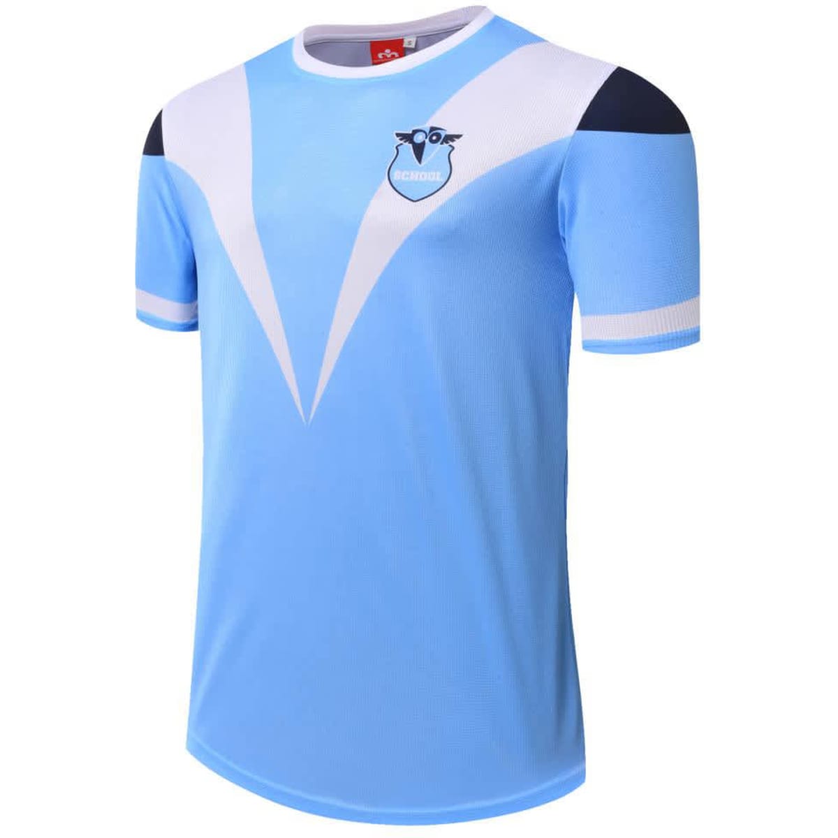 A light blue sublimated t-shirt with white and navy accents, featuring a logo on the front.