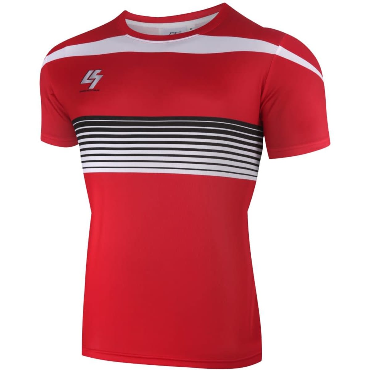 A red T-shirt featuring horizontal black and white stripes, with a logo on the front.