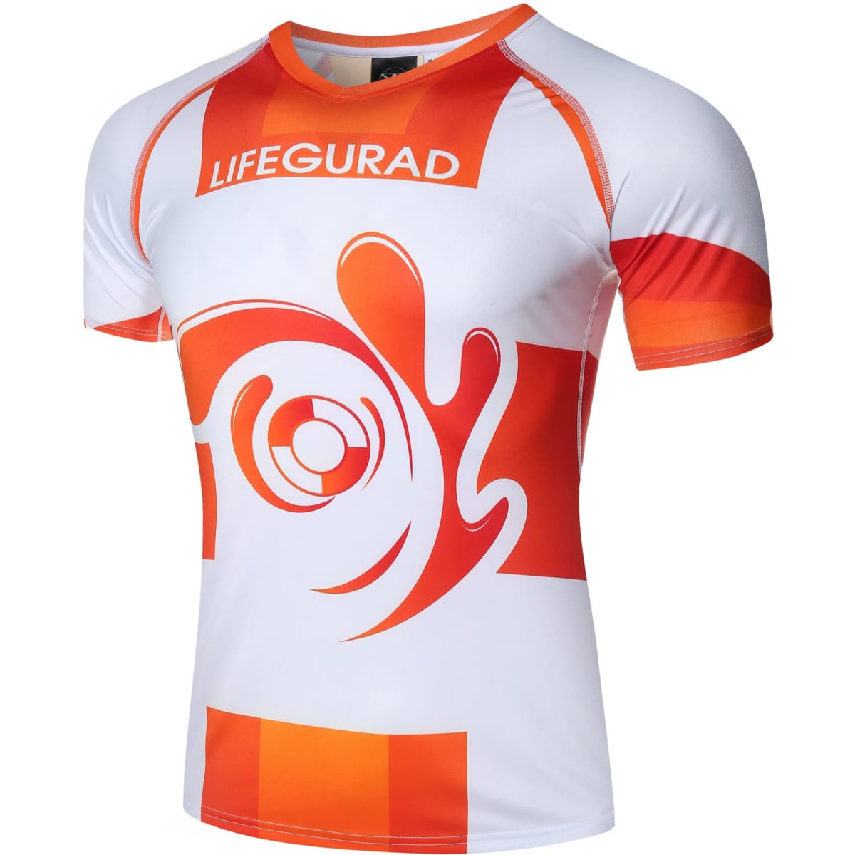 A lifeguard costume shirt in white and orange with a swirl design and a logo.