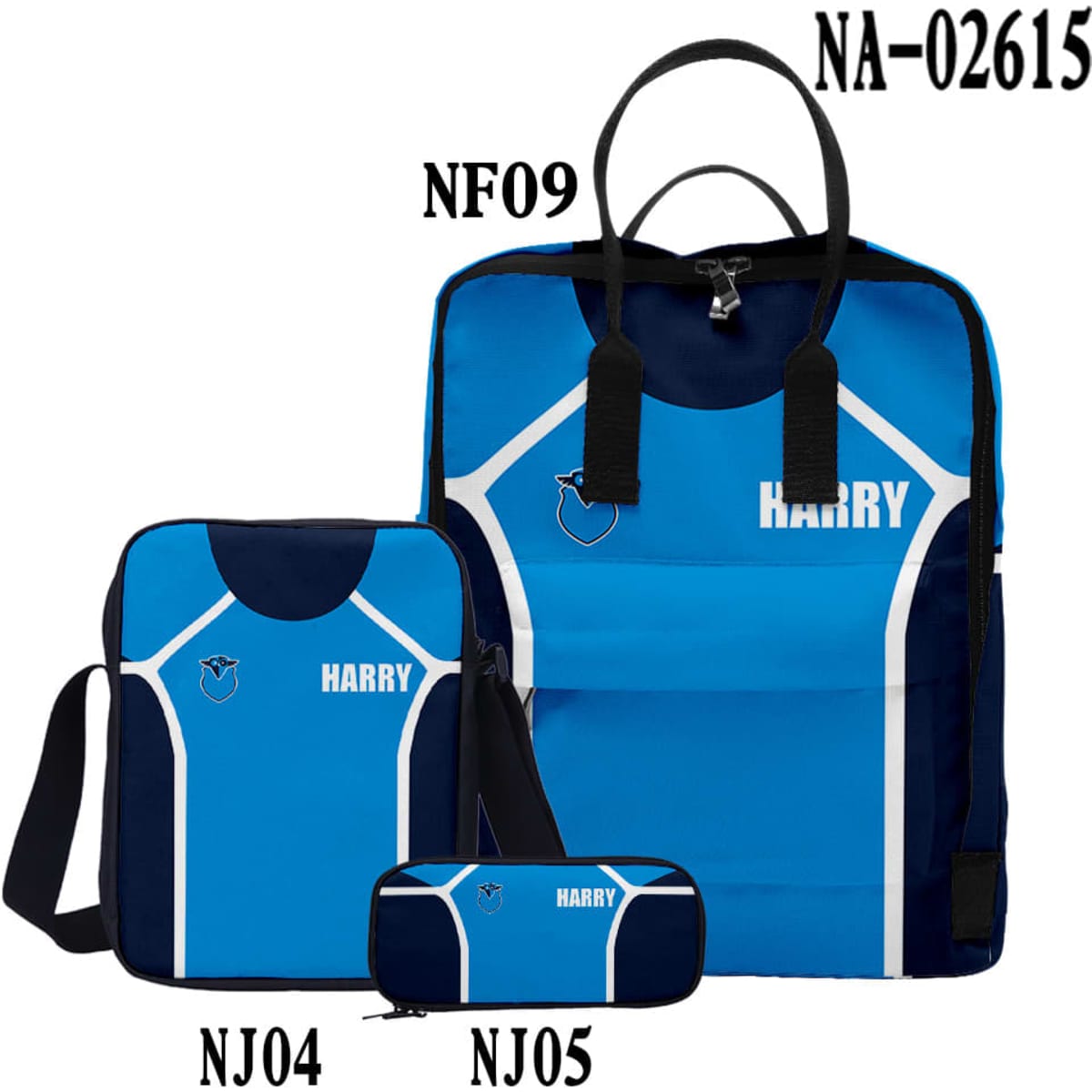 A blue sublimated school bag set featuring a backpack, lunchbox, and pencil case, all with branding.