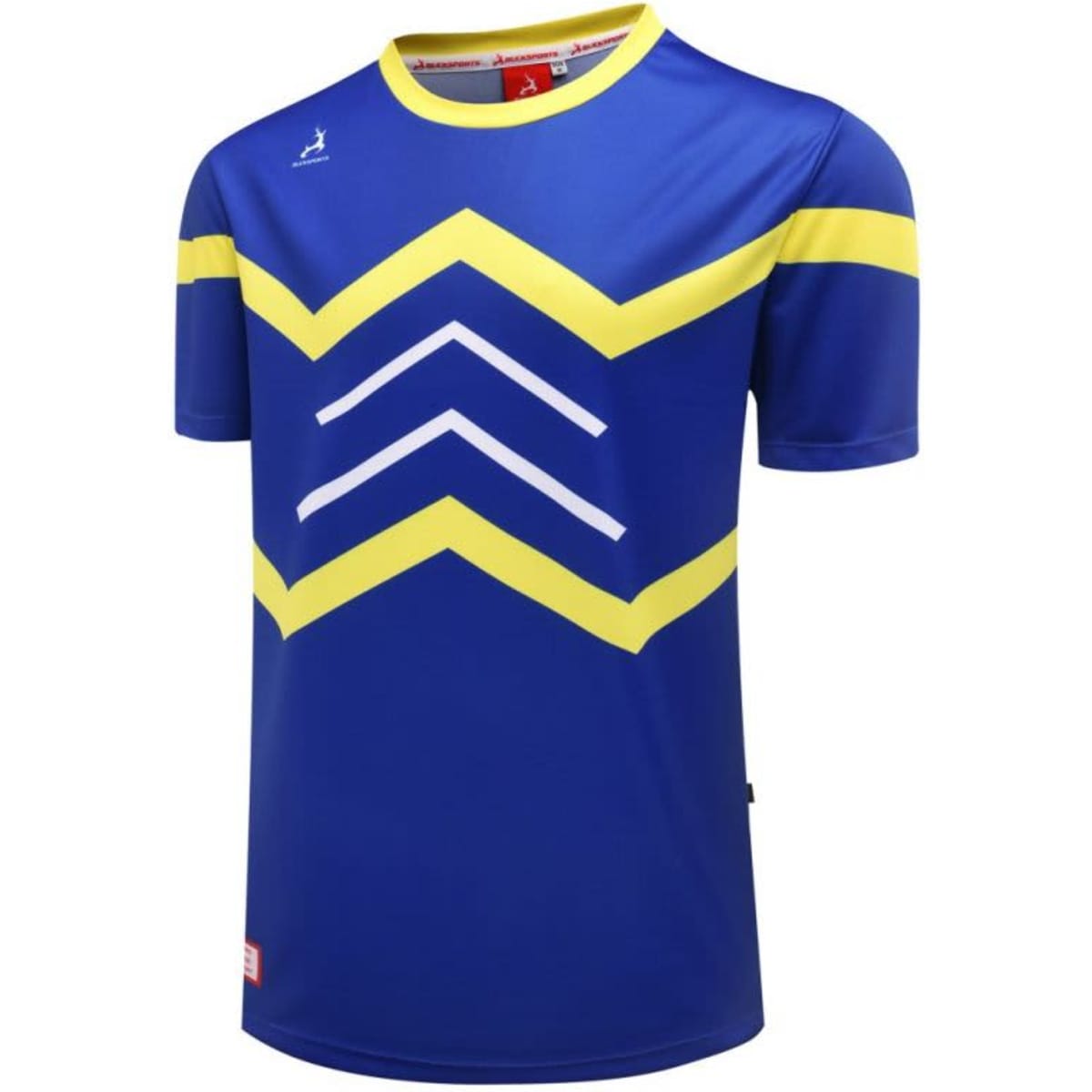 A blue promotional tee with yellow and white zigzag patterns and a logo on the upper left.