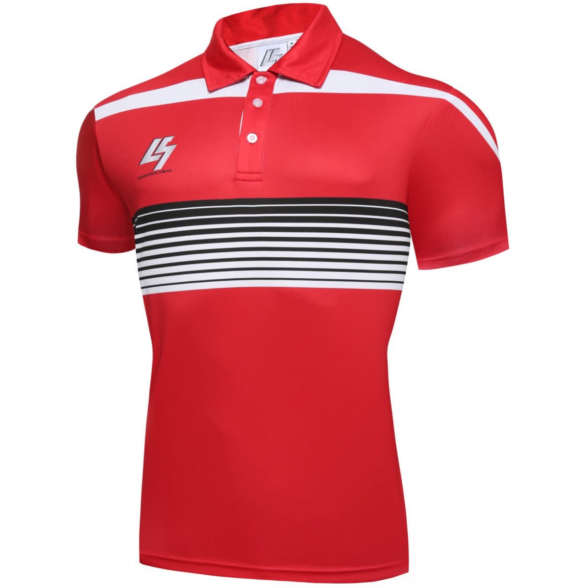 A red sports polo featuring black and white stripes across the chest, with a logo on the side.