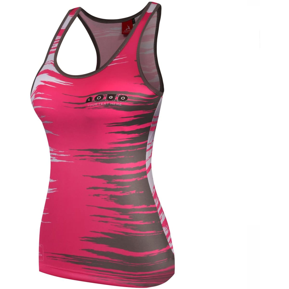 A pink and grey racing singlet with a sleek design and a logo on the front.