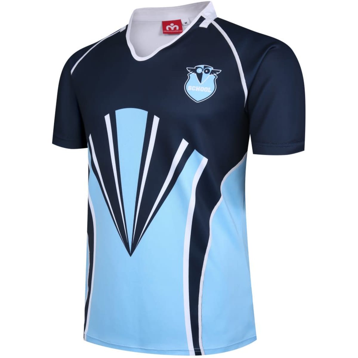 A blue and black rugby tee with a stylised design and a logo on the front.