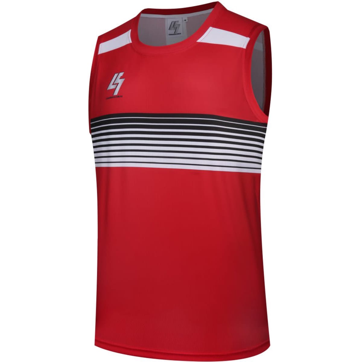 A red singlet featuring horizontal black and white stripes across the chest and a logo on the front.