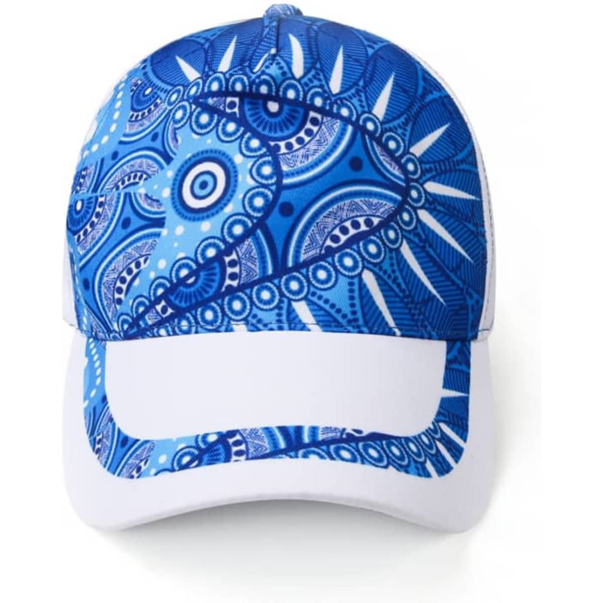 A blue and white sport cap featuring a vibrant, abstract pattern and a branded logo on the front.