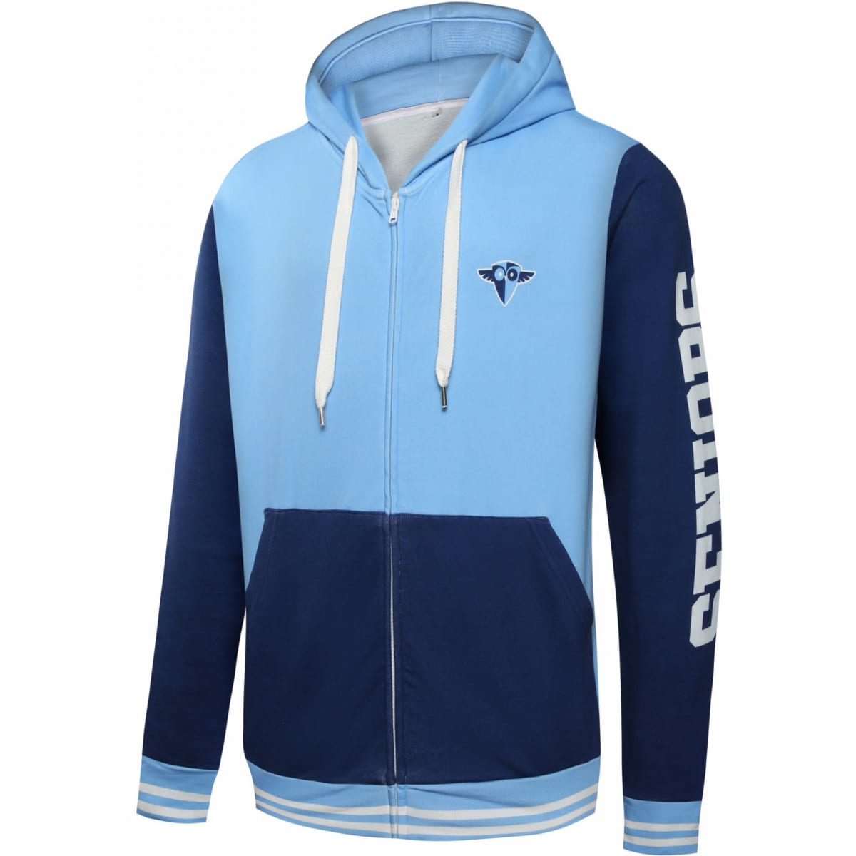 A light blue and navy zip hoodie featuring a logo and the word "SENIORS" on the sleeve. 
