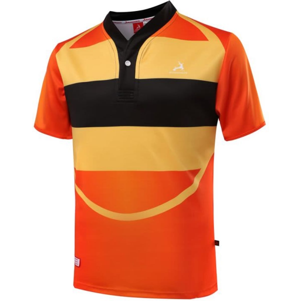 A vibrant orange and black rugby tee featuring horizontal stripes and a branded logo.