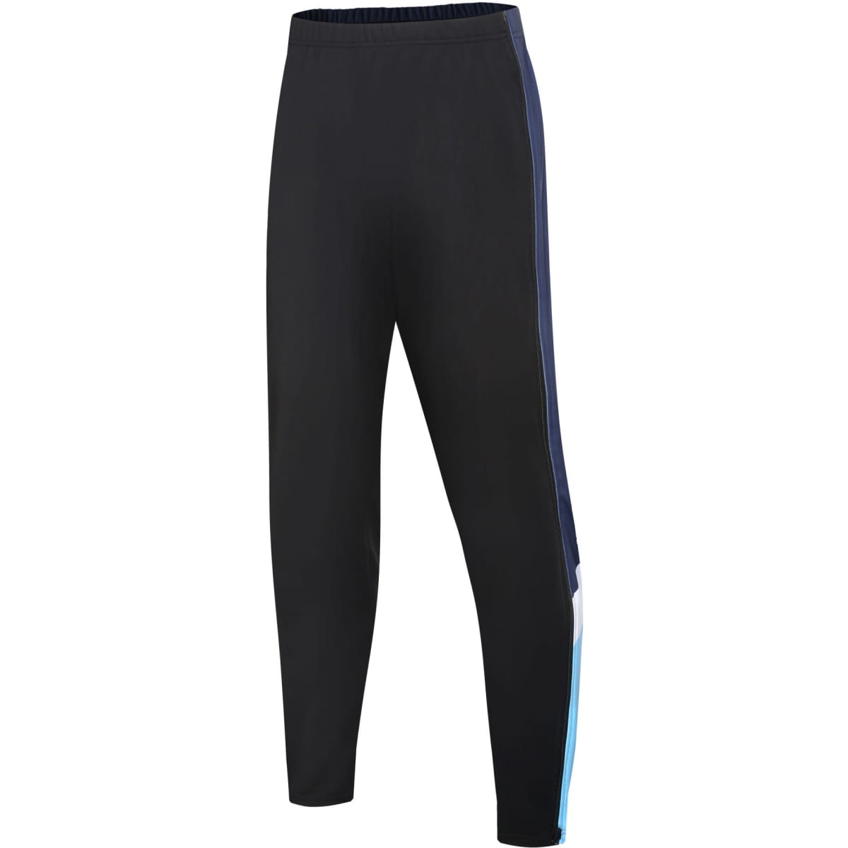 A pair of black warm-up pants with blue side stripes and an elastic waistband, featuring a logo.