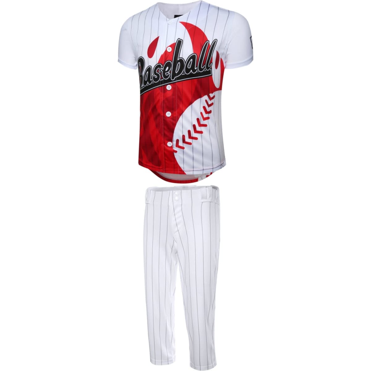A baseball uniform featuring a red and white jersey with a baseball graphic and white pinstriped pants. It has a logo.