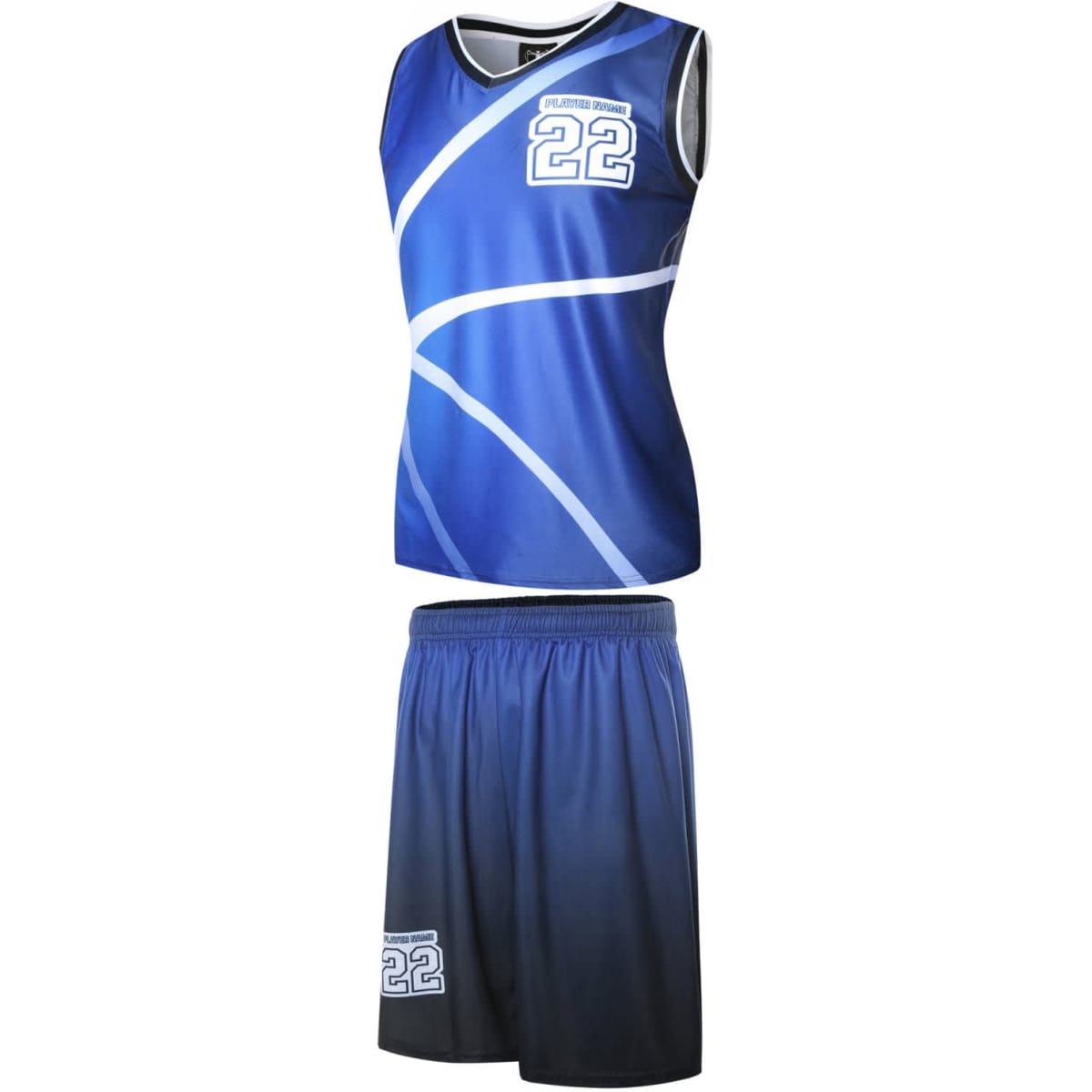 A blue basketball jersey with a sleeveless top and matching shorts, featuring a logo and the number 22.