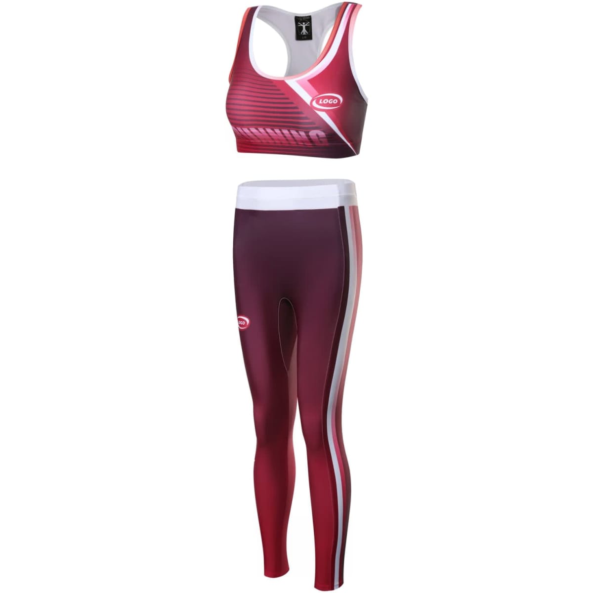 A red and white women's athletic uniform featuring a crop top and matching leggings, with a logo displayed.