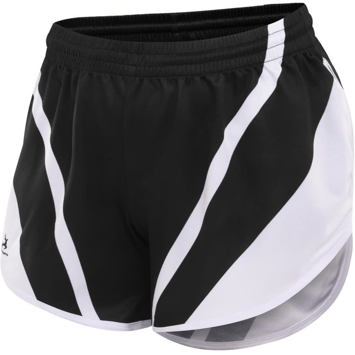 Black shorts with white diagonal stripes, featuring a logo on the side.