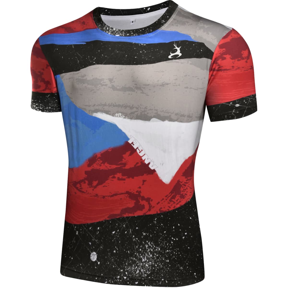 A multicoloured cotton tee featuring abstract patterns in red, blue, grey, and black, with a logo on the front.
