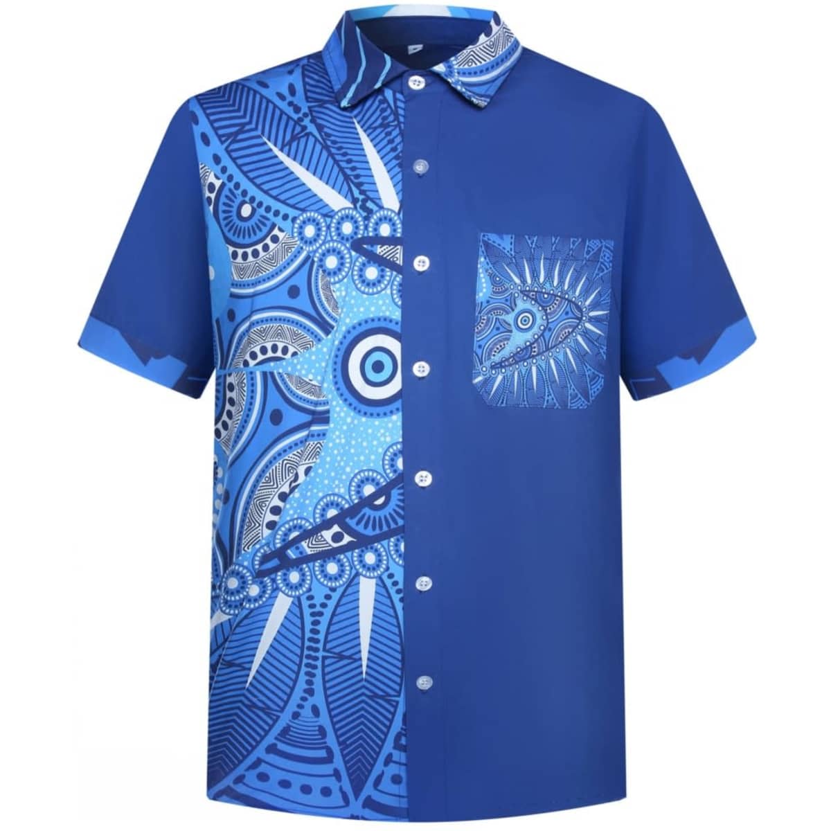 A short-sleeved blue shirt featuring intricate blue patterns and a pocket on the front. The shirt has a button-down collar.
