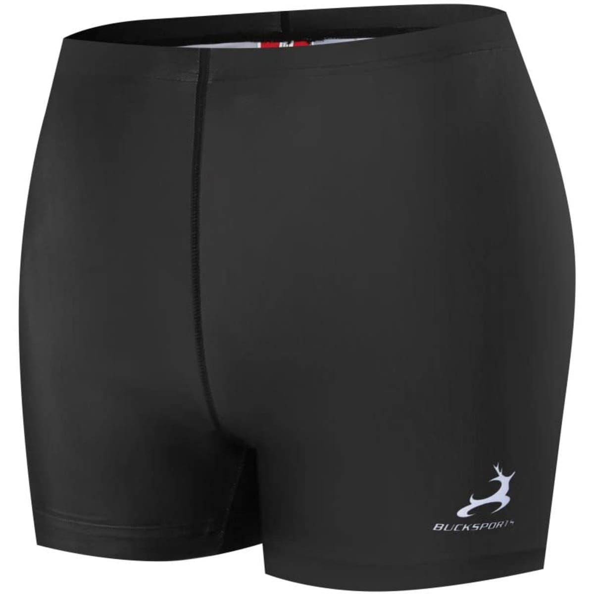 A pair of black shorts with a snug fit and a logo on the side.