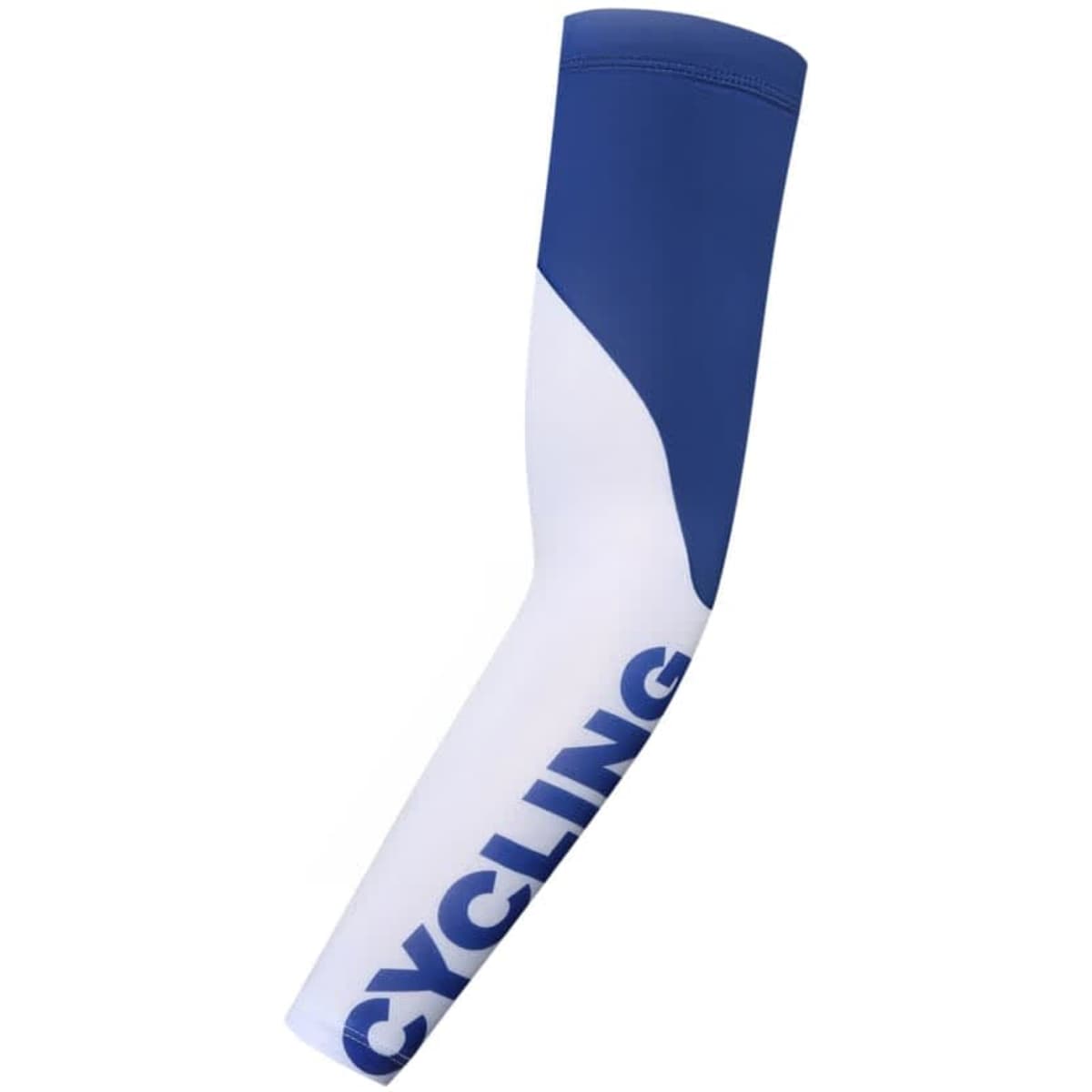 A blue and white arm warmer for cycling, featuring a logo and a sleek design.