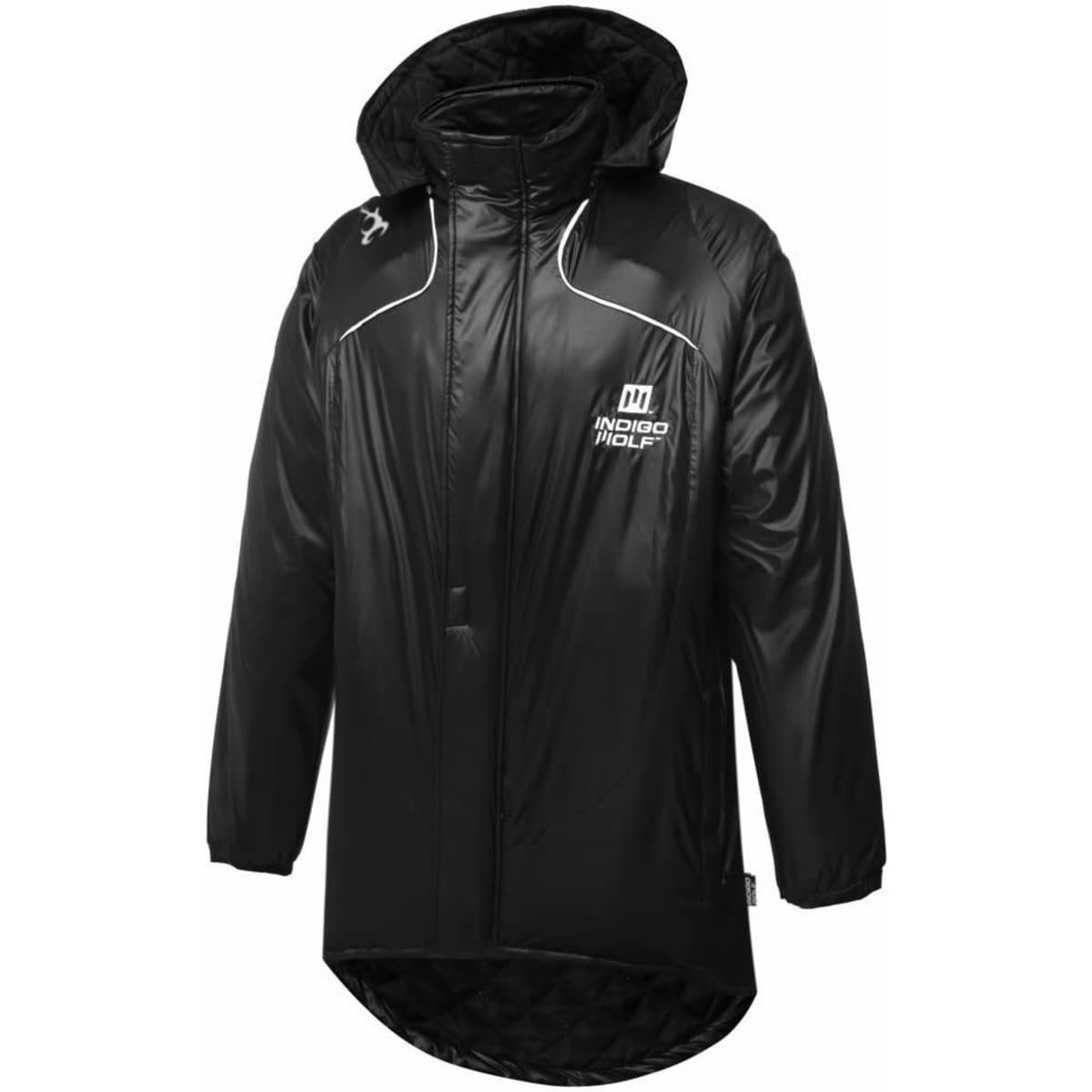 A black Manager Coat Jacket with a hood, featuring a logo and white accents.