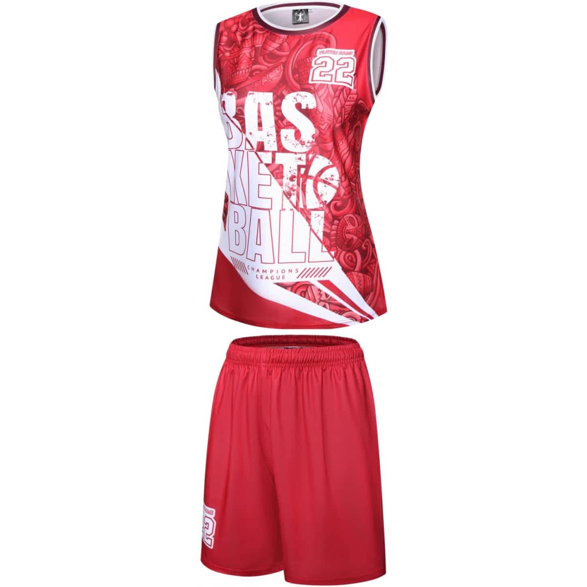 A red basketball uniform featuring a sleeveless jersey and matching shorts, with a logo and graphic design.