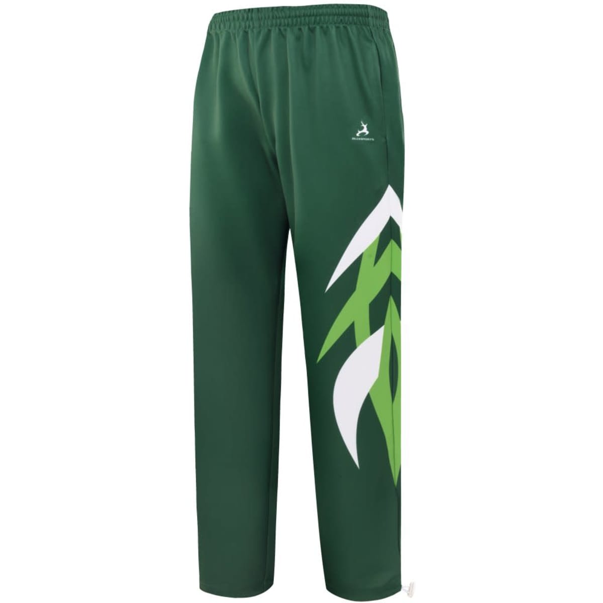 Green sweatpants featuring a large white and green design on the left leg, with a logo on the waistband.
