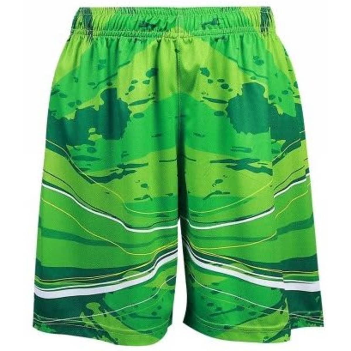 A pair of green shorts featuring a wave pattern in various shades of green. The shorts have an elastic waistband.