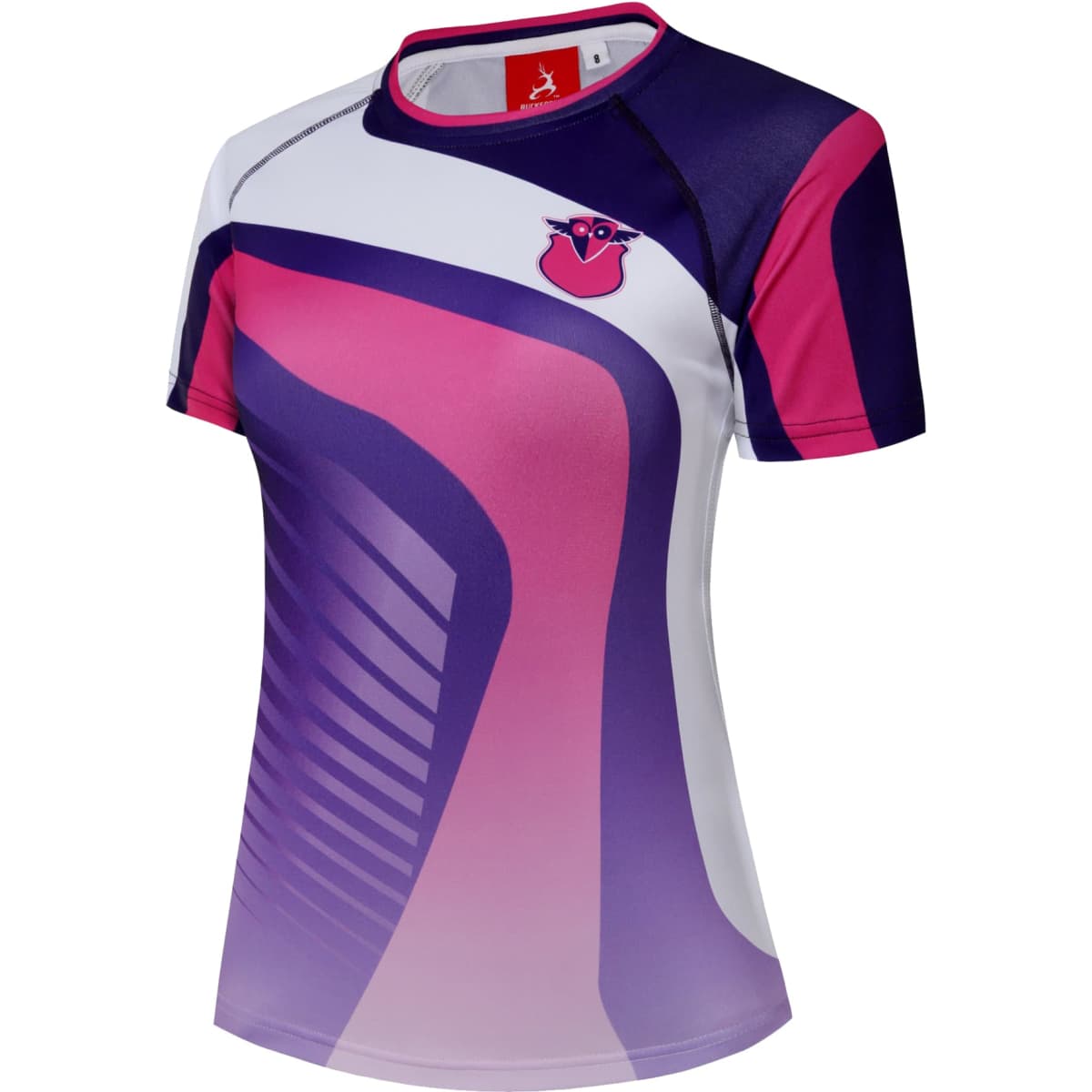 A short-sleeved bathing costume in purple, pink, and white, featuring a logo on the chest area.