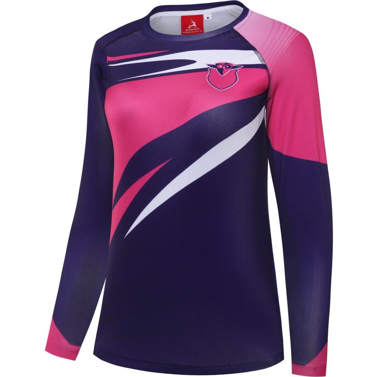 A long-sleeved bathing suit in navy, pink, and white with a logo on the chest.