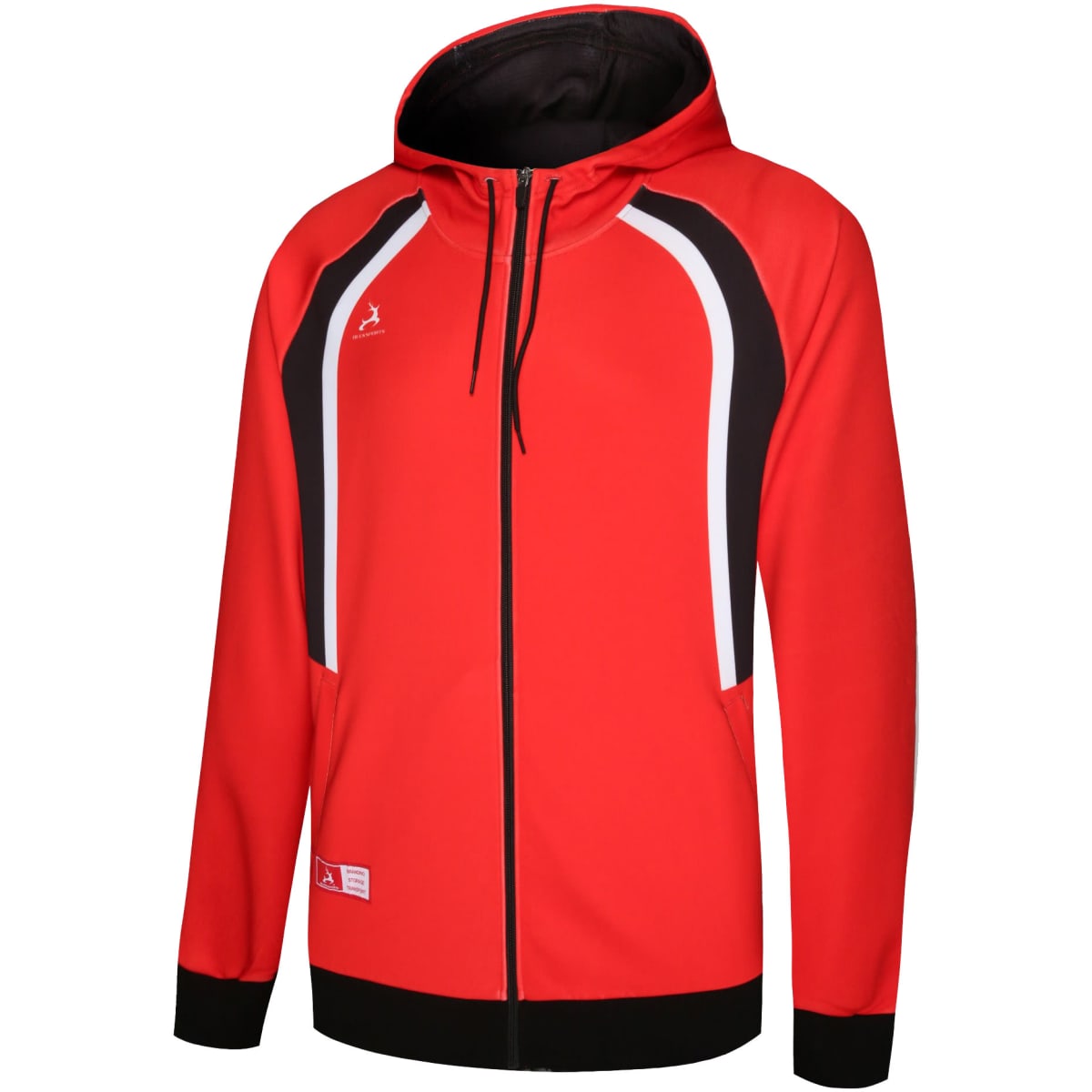 A red sports hoodie with black and white accents, featuring a hood and a front zip. It has a logo on the chest.