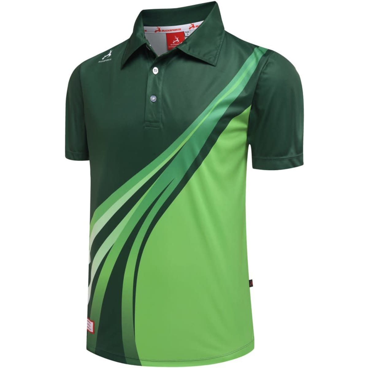 A polo shirt for lawn bowls in a gradient of green shades with a sleek design. Features a collar and has branding.