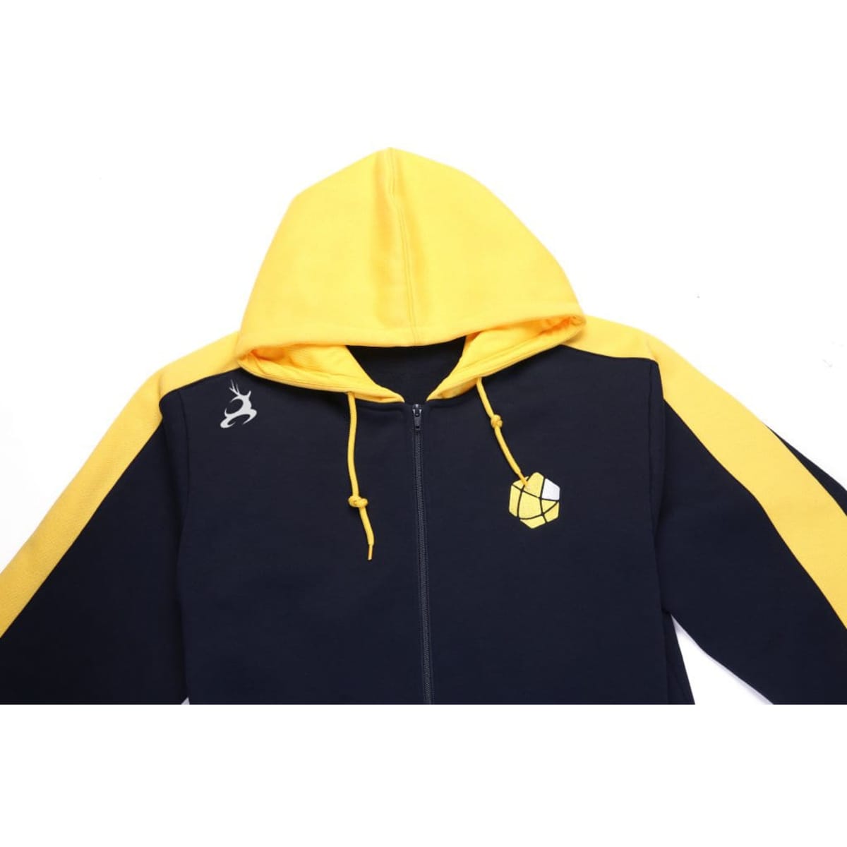 A navy and yellow fleece hoodie featuring a hood and a logo on the chest.