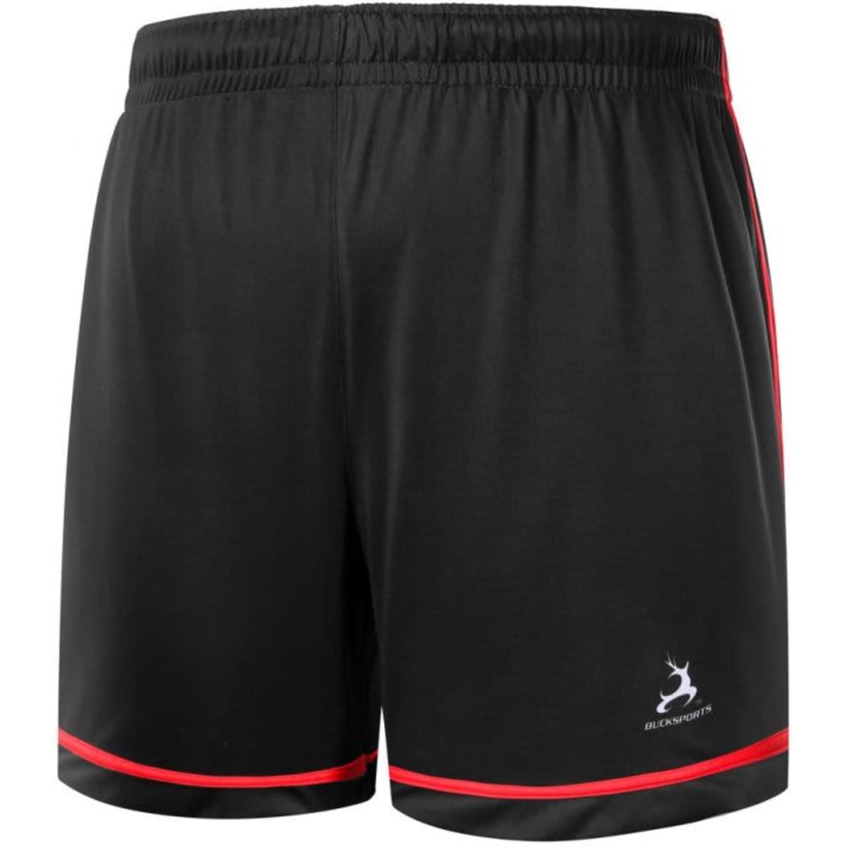 Black soccer shorts with red detailing and an elastic waistband, featuring a logo on the lower leg.