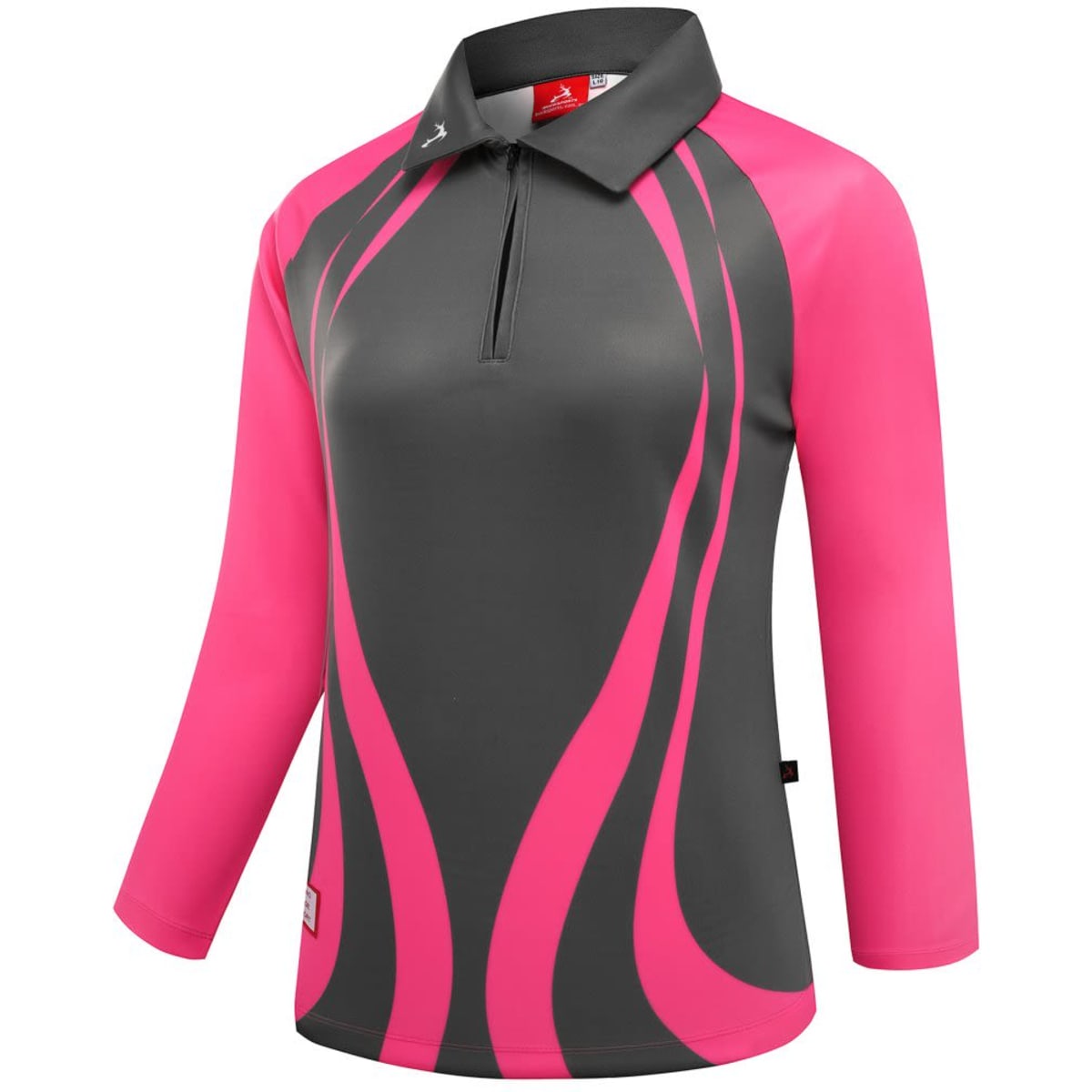 A polo shirt featuring a grey body with pink sleeves and a stylish swirl design. It has a collar and a zipper.