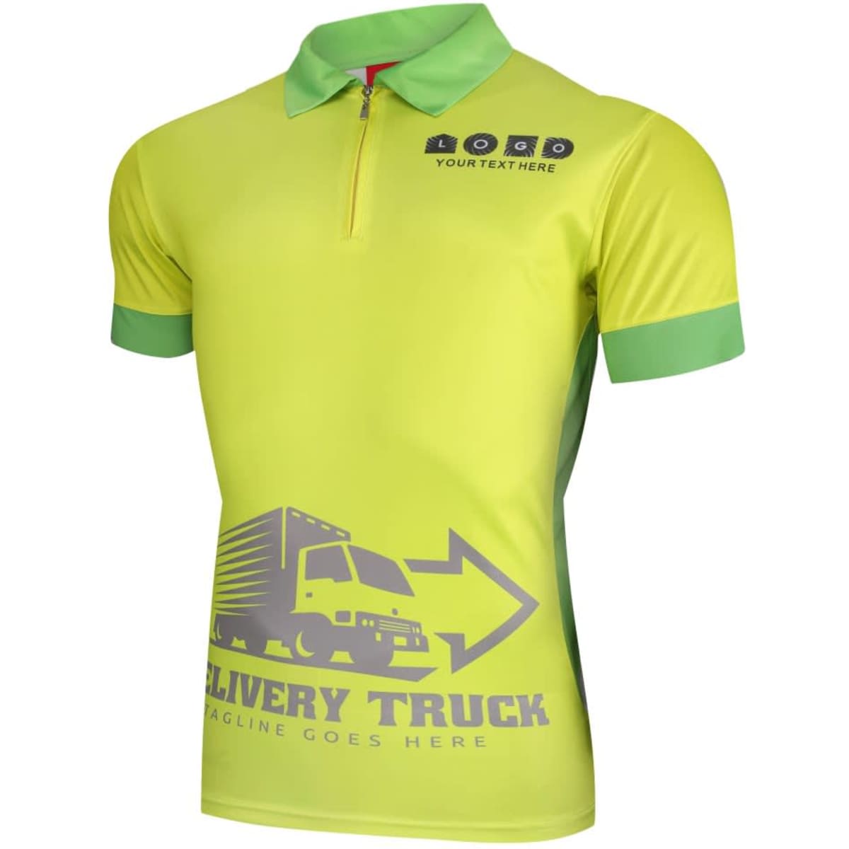 A bright yellow and green zip polo featuring a truck graphic and a logo on the chest.