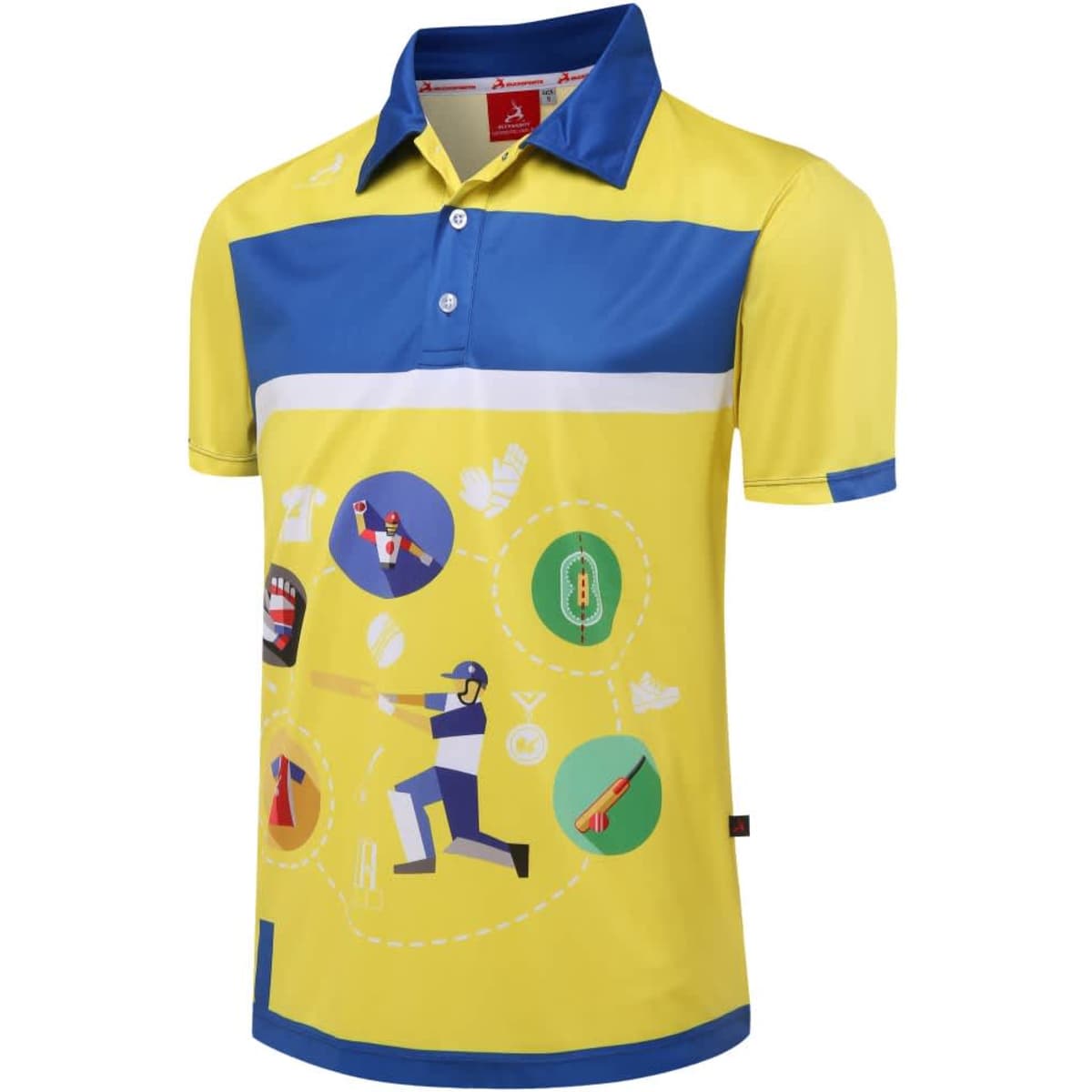 A yellow and blue cricket-themed polo shirt featuring illustrations of cricket equipment and players, with a branded logo.