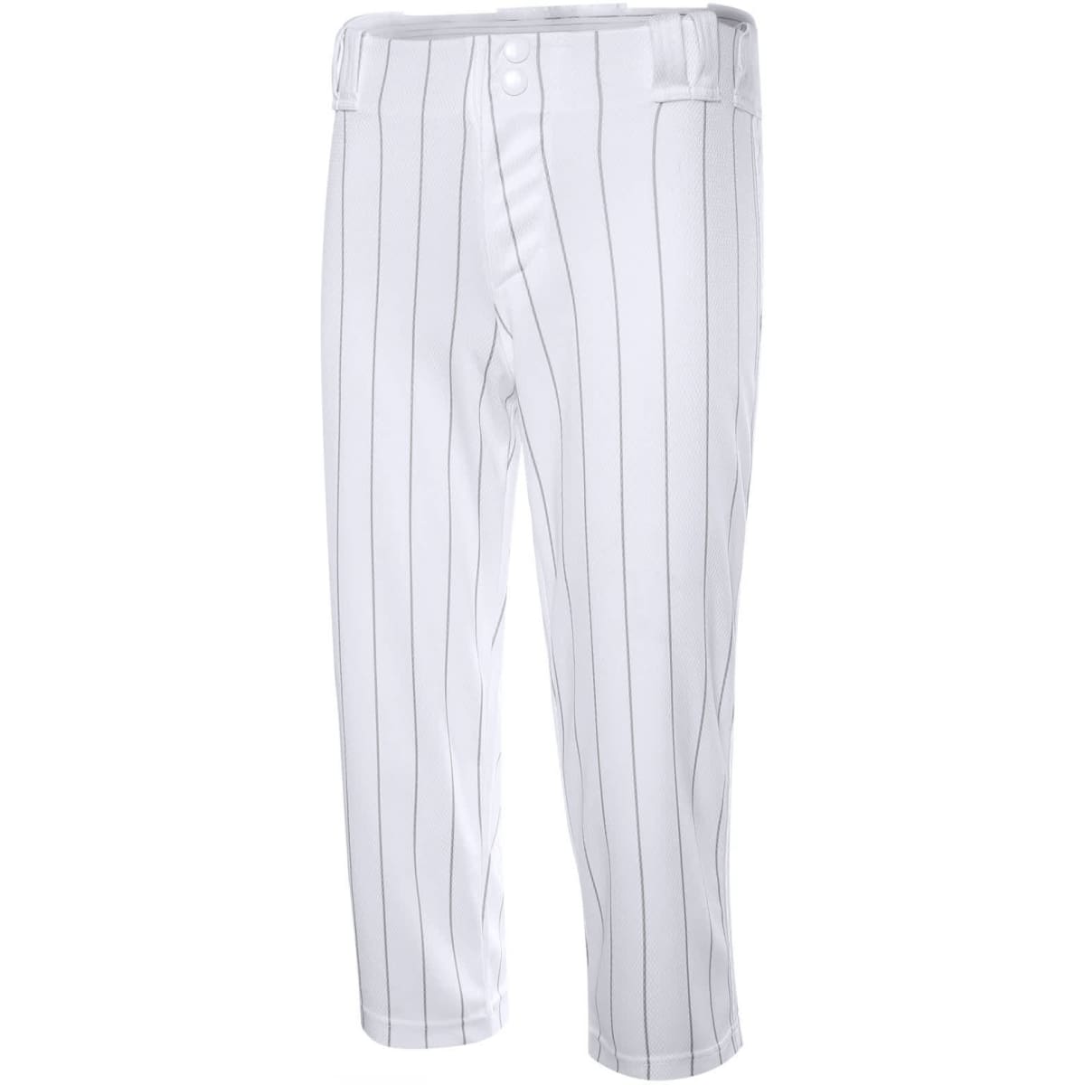 Cropped pants in white with vertical pinstripes, featuring a button closure and waistband. Includes a logo.