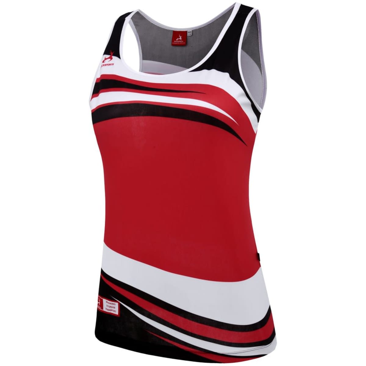 A women's singlet in red, white, and black with a stylish design, featuring a logo on the front.