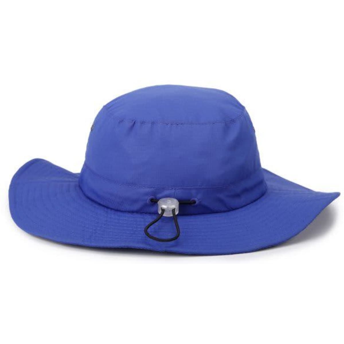 A blue wide brim hat featuring an adjustable strap at the back and a comfortable design.